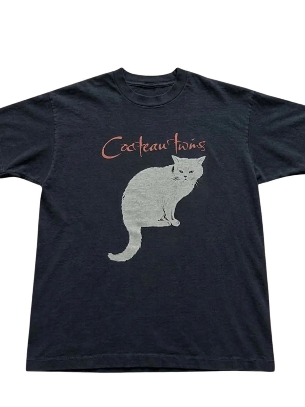Gildan Black Cocteau Twins Cat Graphic Tee with Light Gray and Pink Print